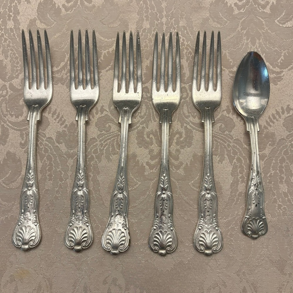WWII US Navy Officer's Mess Silverplate Flatware 6pc Kings Design USN 1940s